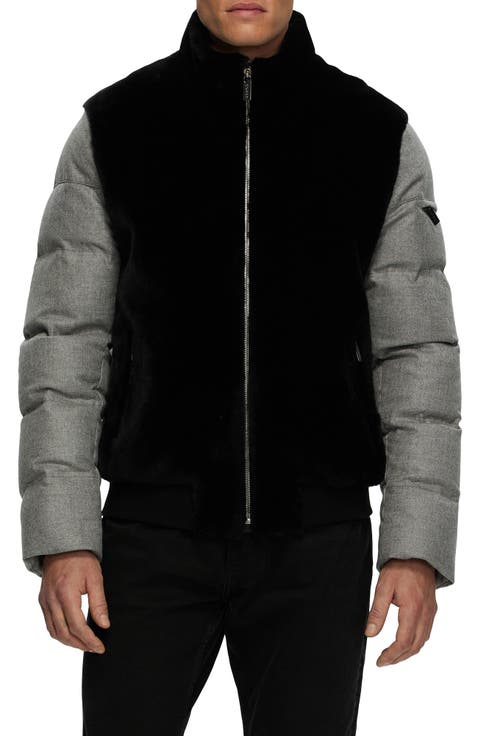 Mens Genuine Shearling Bomber Jacket with  Wool & Cashmere Quilted Down Sleeves And Back