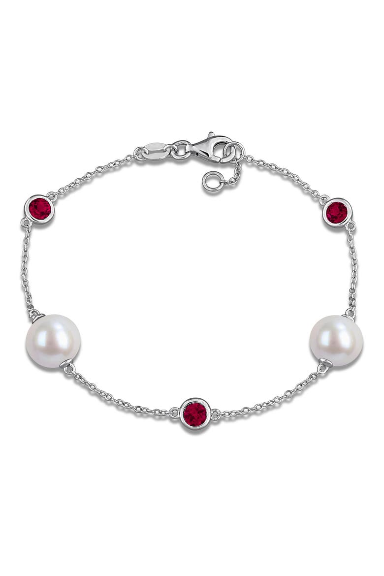 8.5-9mm Cultured Freshwater Pearl & Stone Station Bracelet, Main, color, RED