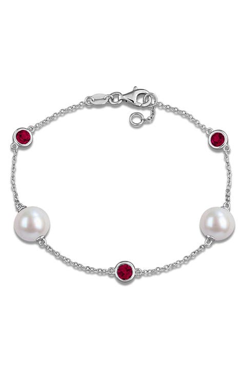 8.5-9mm Cultured Freshwater Pearl & Stone Station Bracelet