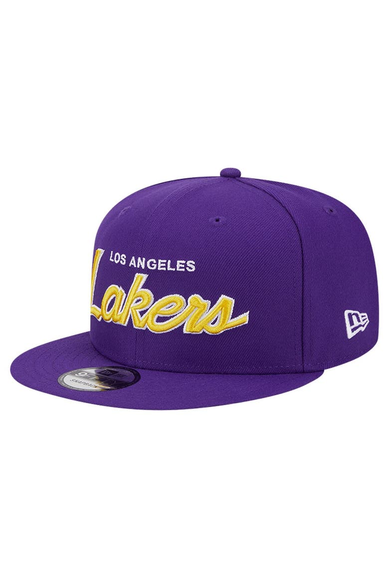 Men's New Era Purple Los Angeles Lakers Evergreen Script Side Patch 9FIFTY Snapback Hat, Alternate, color, Purple