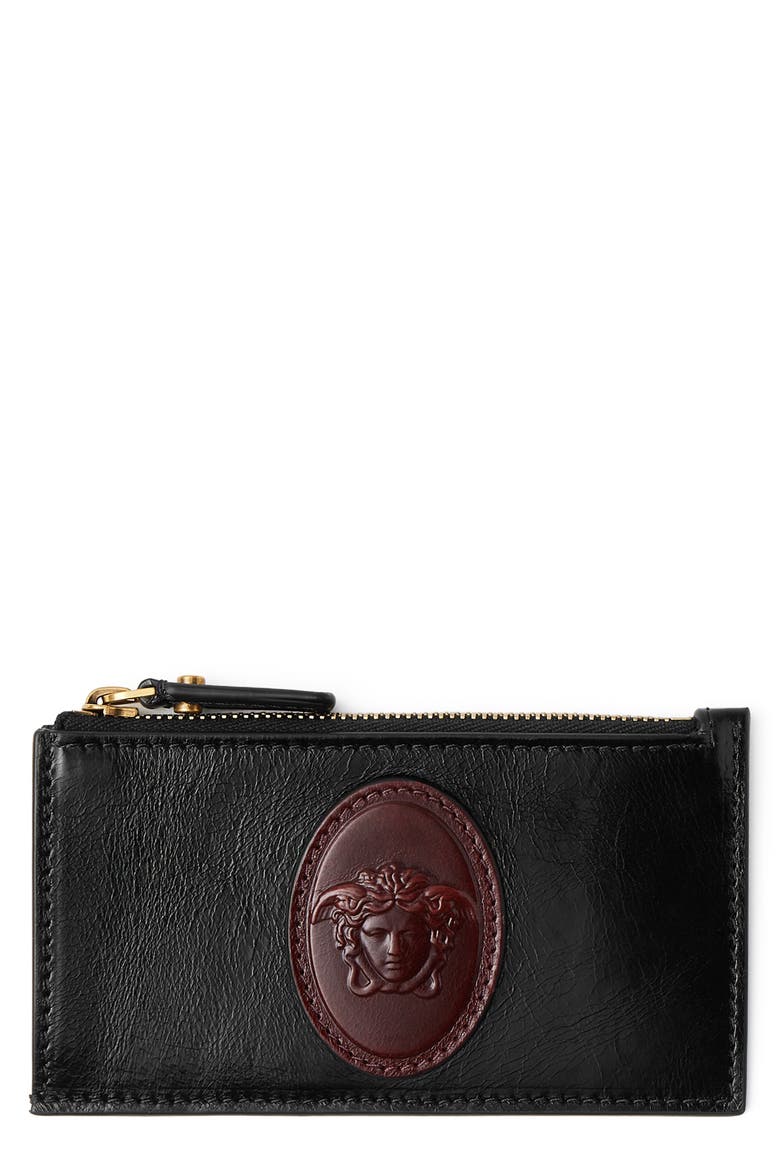 Medusa Leather Zip Card Case, Main, color, BLACK ROSEWOOD GOLD