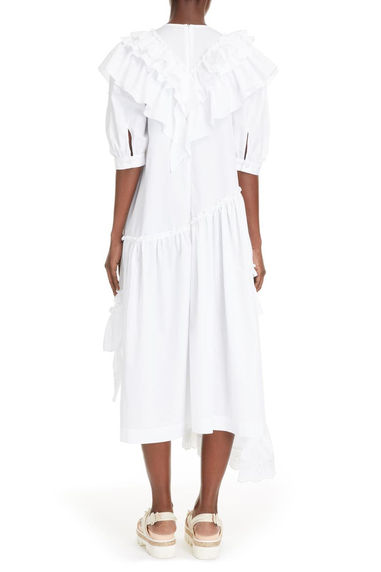 Asymmetrical Ruffle Cotton Poplin Midi Dress, Alternate, color, WHITE