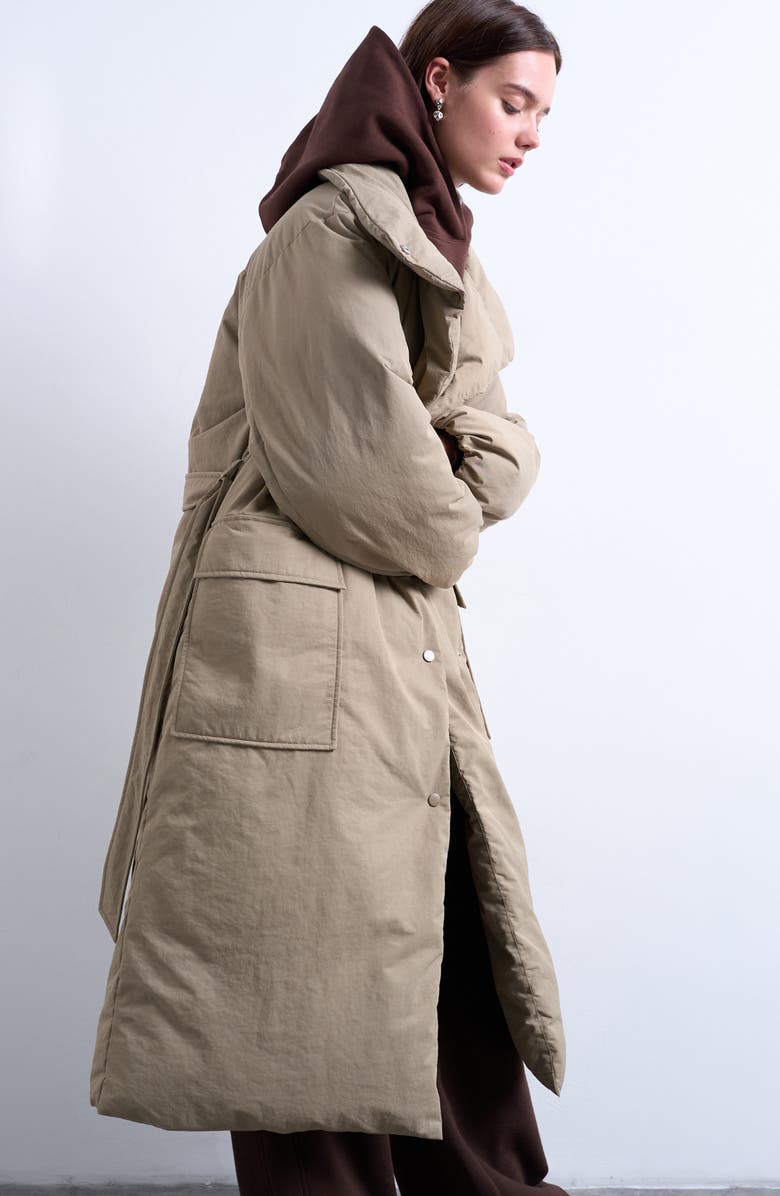 Topshop Longline Belted Puffer Jacket, Alternate, color, Stone
