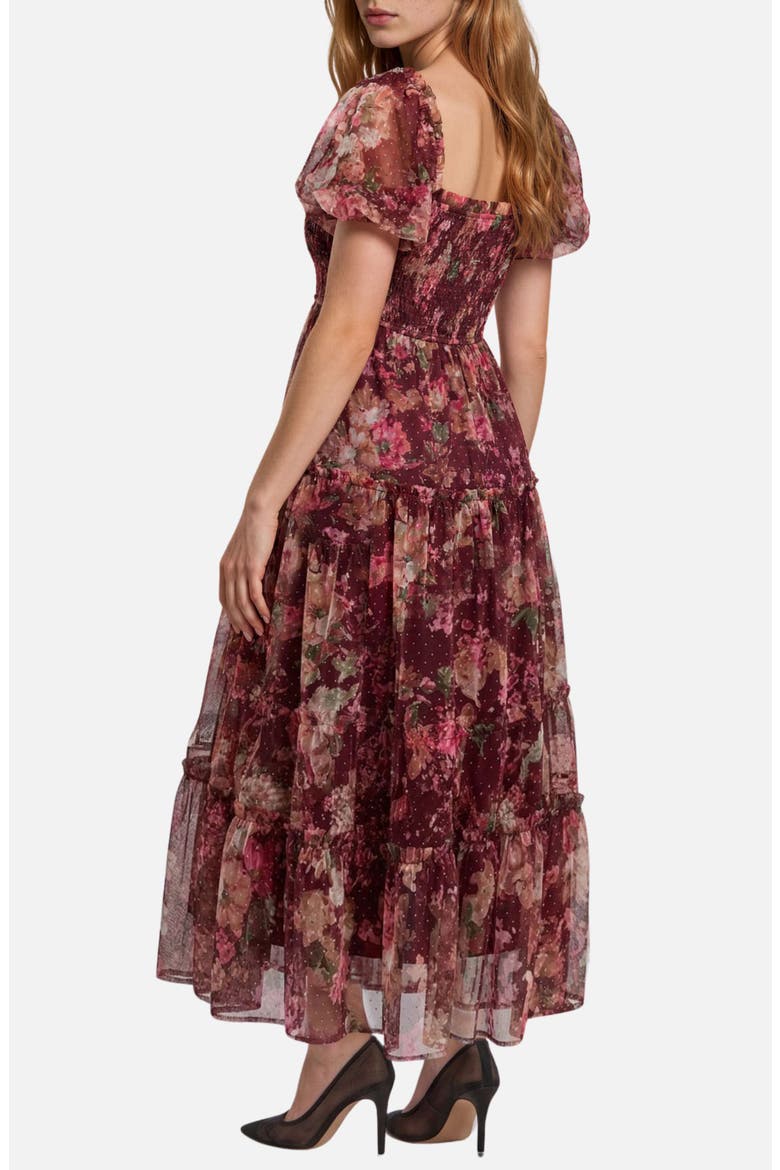 Smocked Floral Midi Dress, Alternate, color, BURGUNDY MULTI