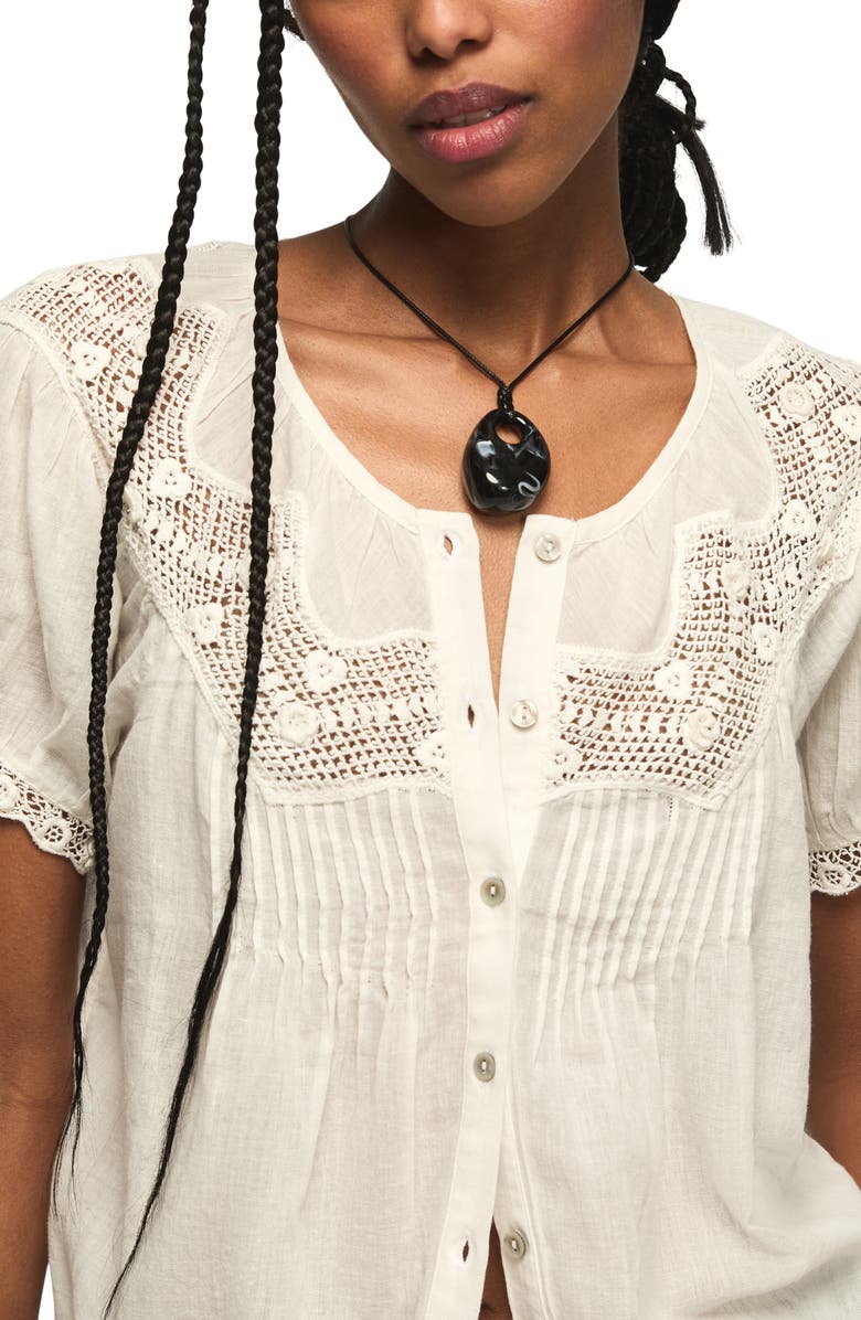 Lucky Brand Crochet Stitch Puff Sleeve Top, Alternate, color, Whisper White