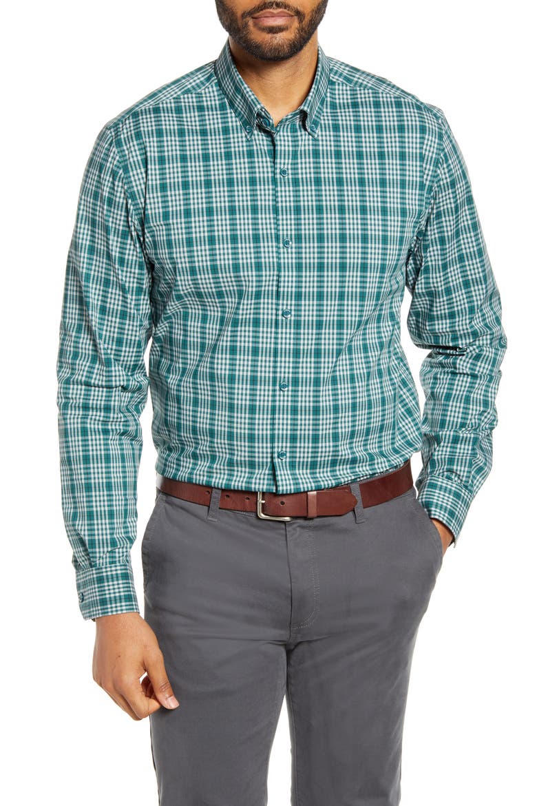 Soar Classic Fit Plaid Performance Button-Down Shirt, Main, color, SEAWEED