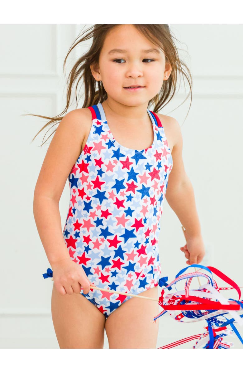 RuffleButts UPF50 Sun Protected Cross-Back One Piece, Alternate, color, Shimmer Star-Spangled