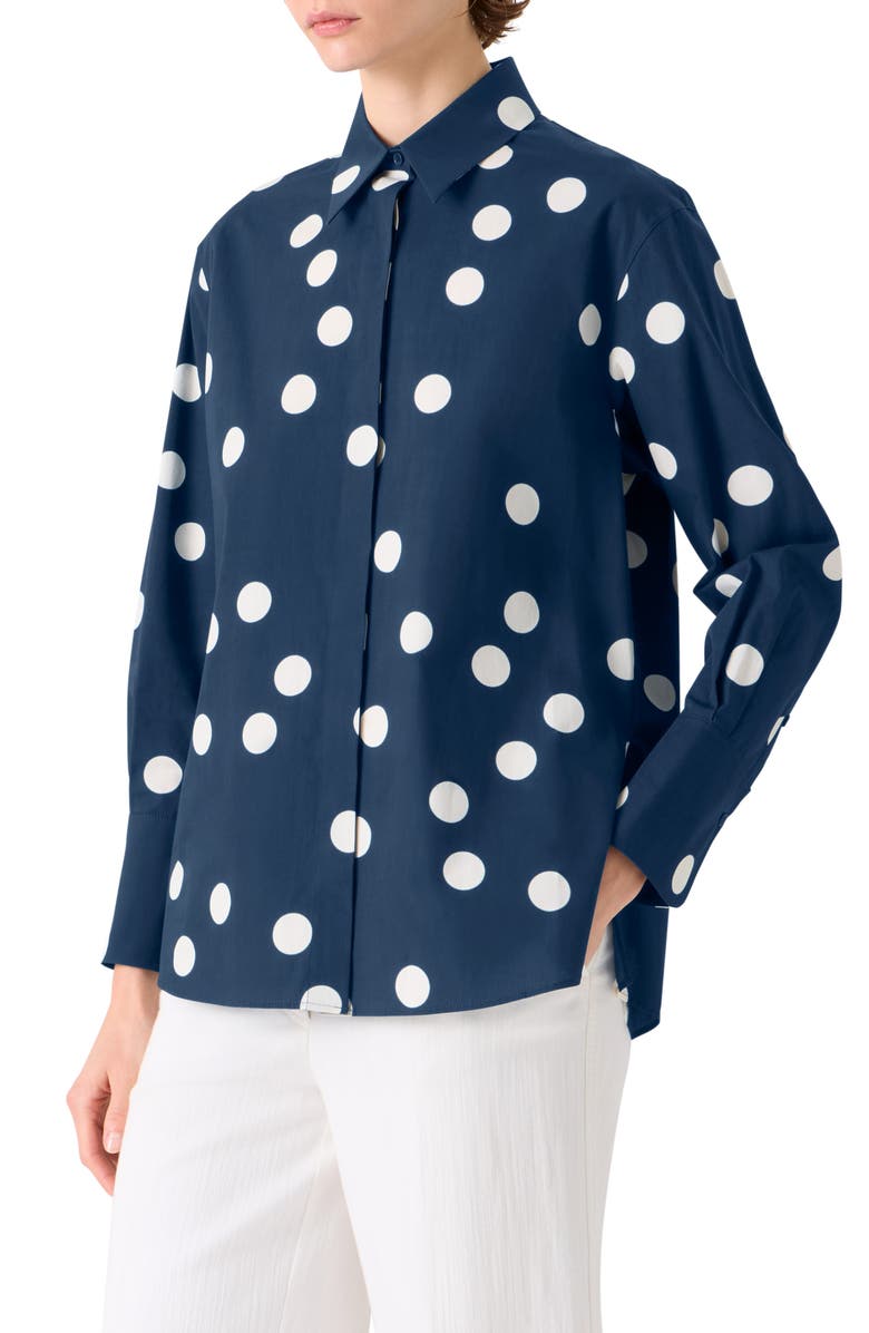 Akris punto Polka Dot Cotton Poplin Button-Up Shirt, Alternate, color, Dark Blue-Cream