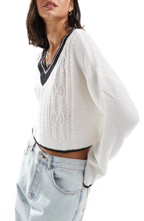 Varsity Cable Stitch V-Neck Sweater