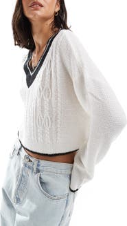 Miss Selfridge Varsity Cable Stitch V-Neck Sweater