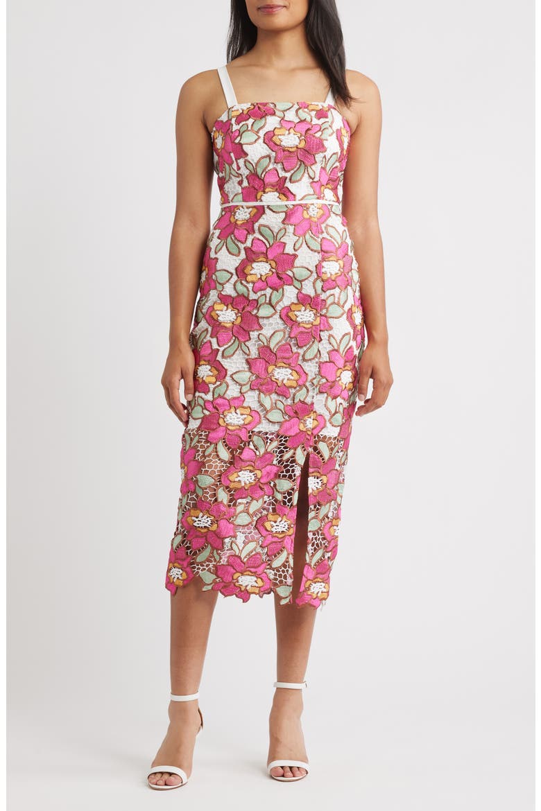 Embroidered Rose Midi Sheath Cocktail Dress, Main, color, PINK MULTI