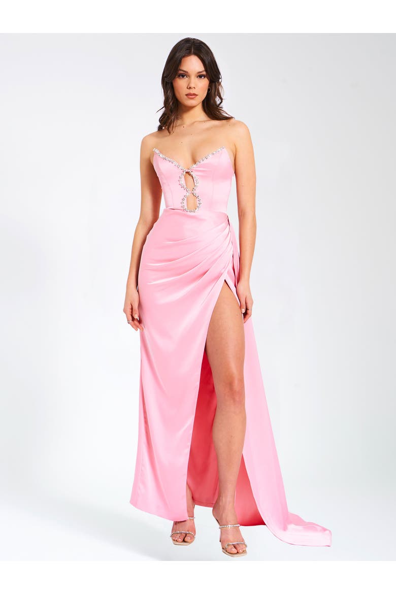 Marilyn Satin Crystal Embellished High Slit Gown, Alternate, color, Pink