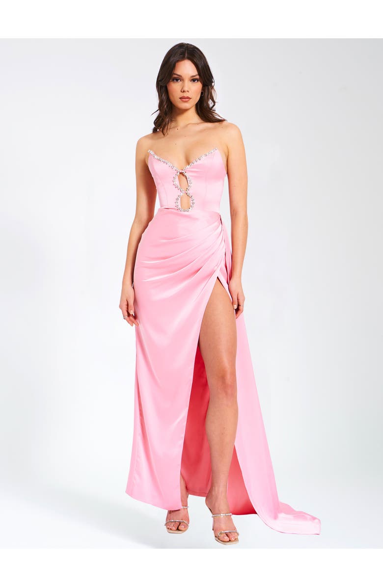 Miss Circle Marilyn Satin Crystal Embellished High Slit Gown, Alternate, color, Pink