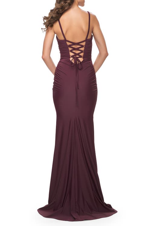 La Femme Simple Ruched Jersey Dress With Lace Up Back In Wine