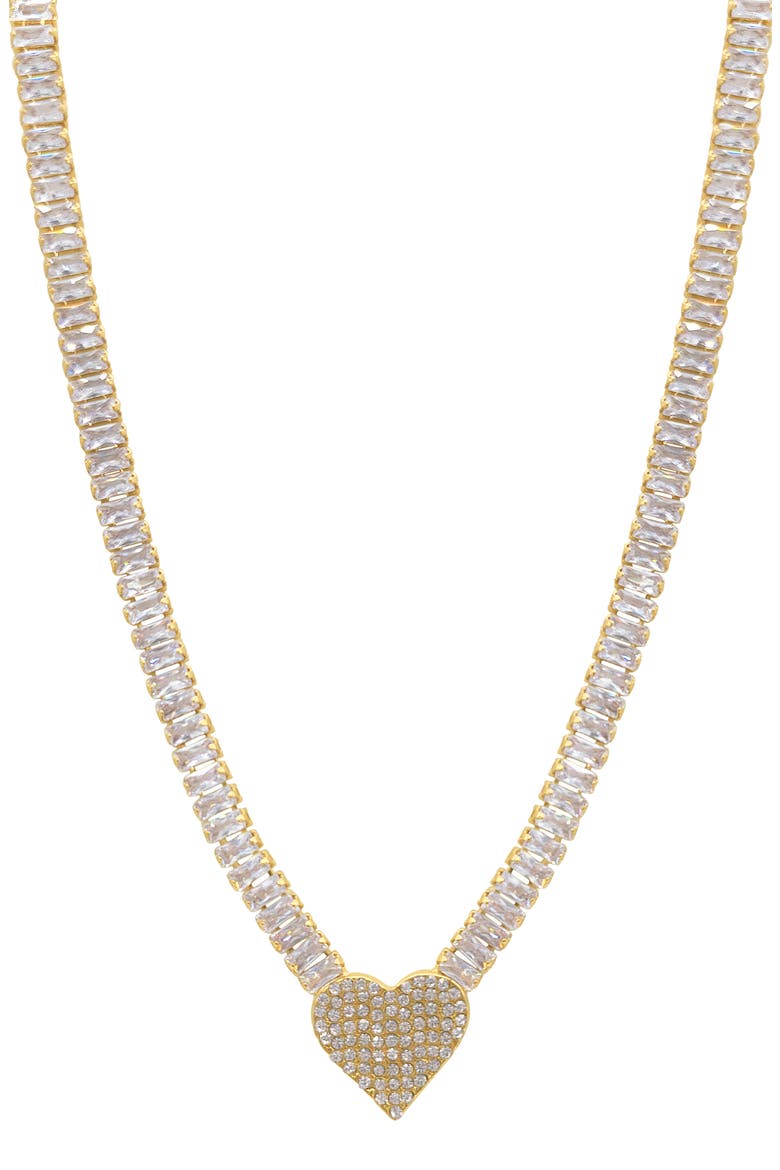 Crystal Heart Pendant Baguette Tennis Necklace, Alternate, color, GOLD