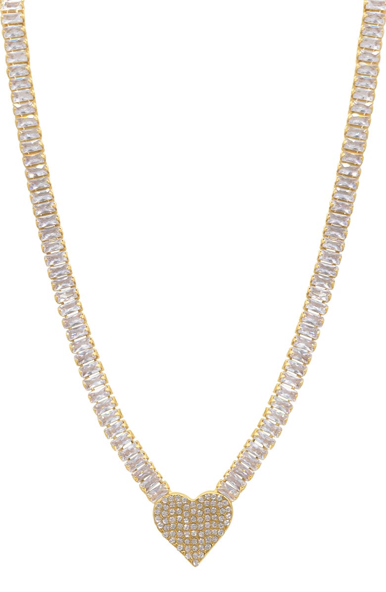 Adornia Crystal Heart Pendant Baguette Tennis Necklace, Alternate, color, Gold