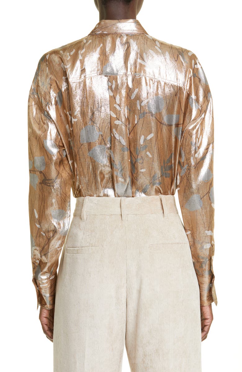 Brunello Cucinelli Metallic Leaf Print Silk Blend Button-Up Blouse, Alternate, color,