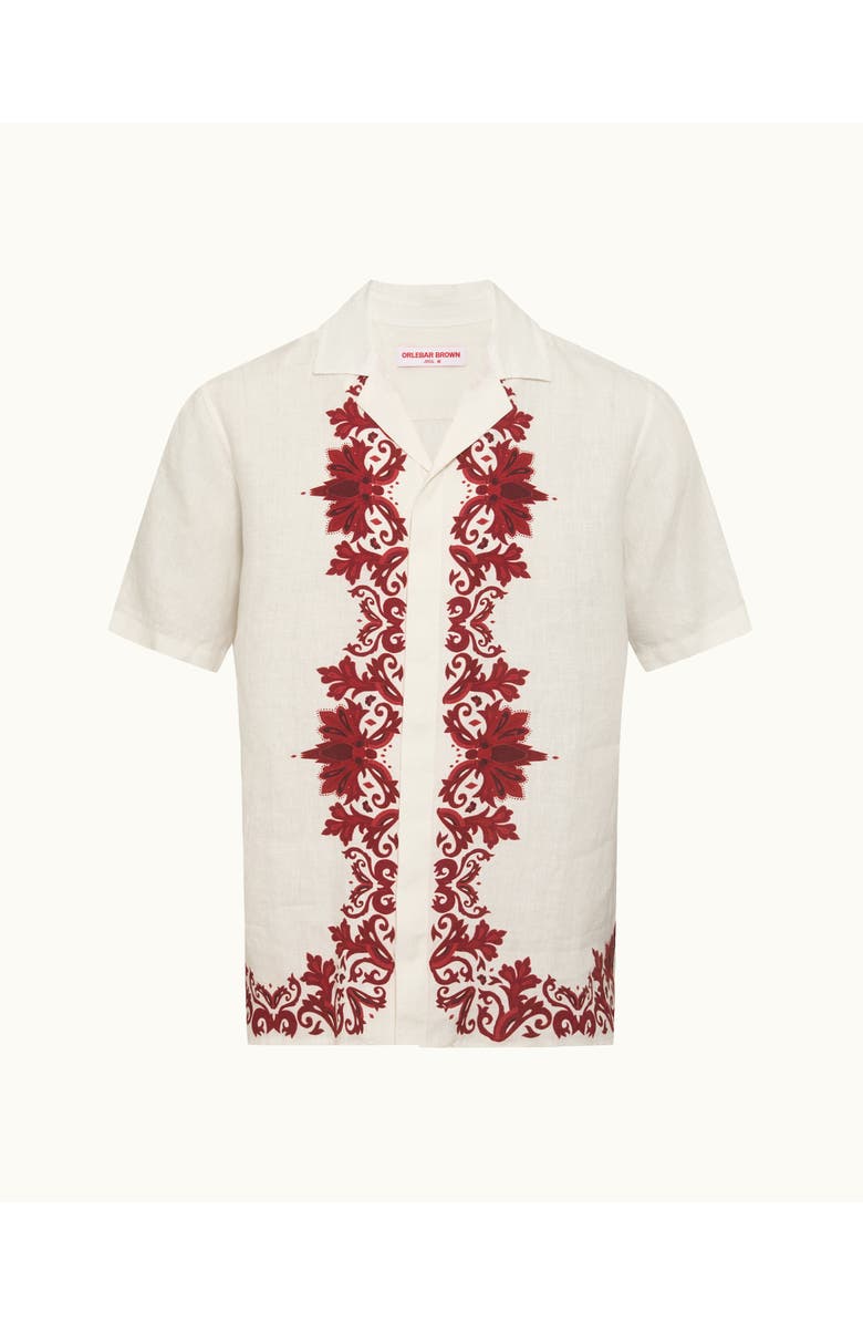 Orlebar Brown Maitan Linen Relaxed Fit Linen Mirabello Border Shirt, Main, color, White/Vermillion