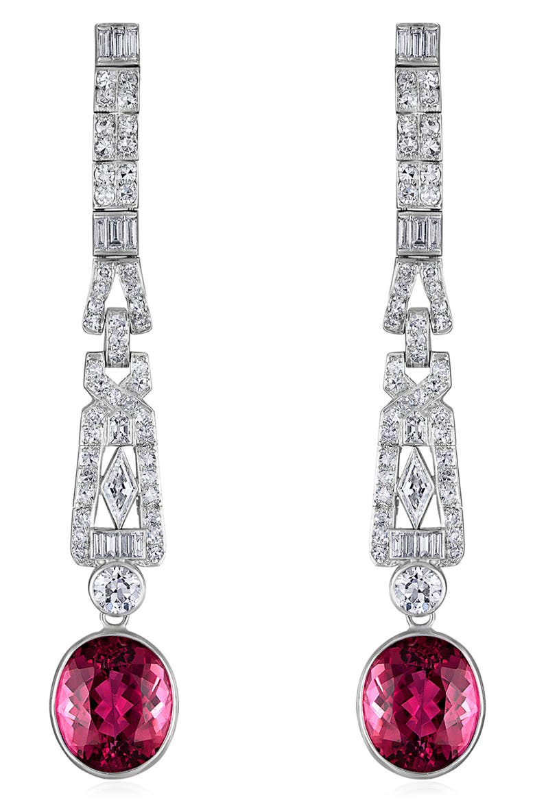 Deco Dangle Tourmaline & Diamond Drop Earrings, Main, color, PLATINUM/ DIAMOND/ TOURMALINE