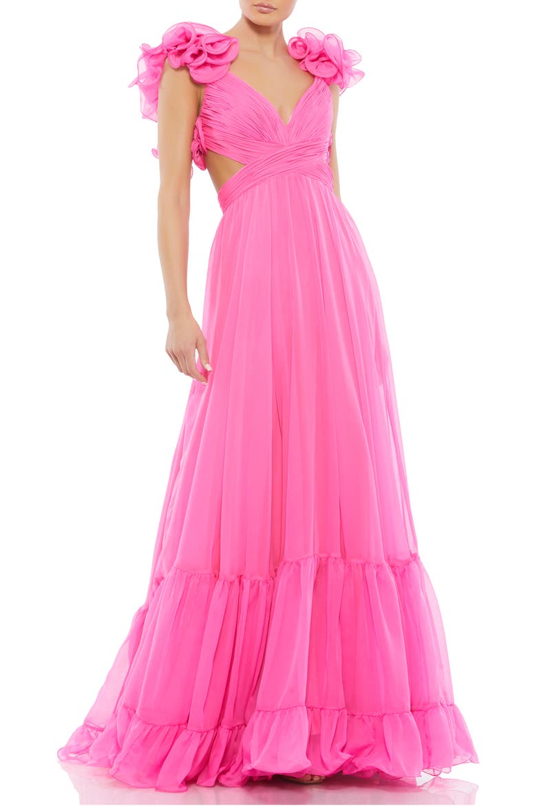 Sleeveless Ruffle Tiered Cut-Out Chiffon Gown, Main, color, HOT PINK