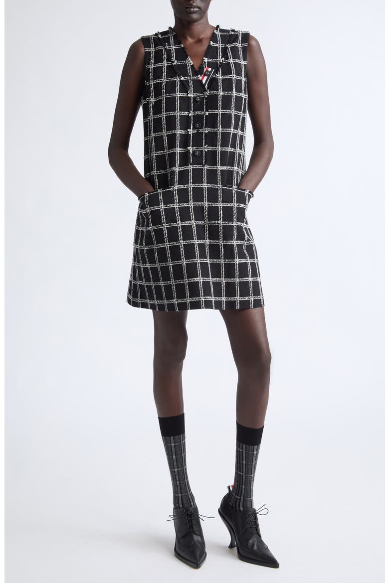 Fray Edge Windowpane Check V-Neck Cardigan Dress, Main, color, BLACK