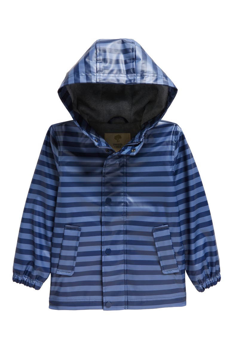 Kids' Stripe Snap-Up Hooded Raincoat, Main, color, BLUE- NAVY STRIPE