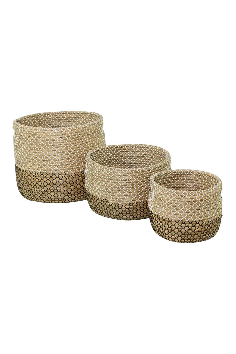 Brown Seagrass Handmade Two-Toned Storage Basket with Handles - Set of 3, Alternate, color, BROWN