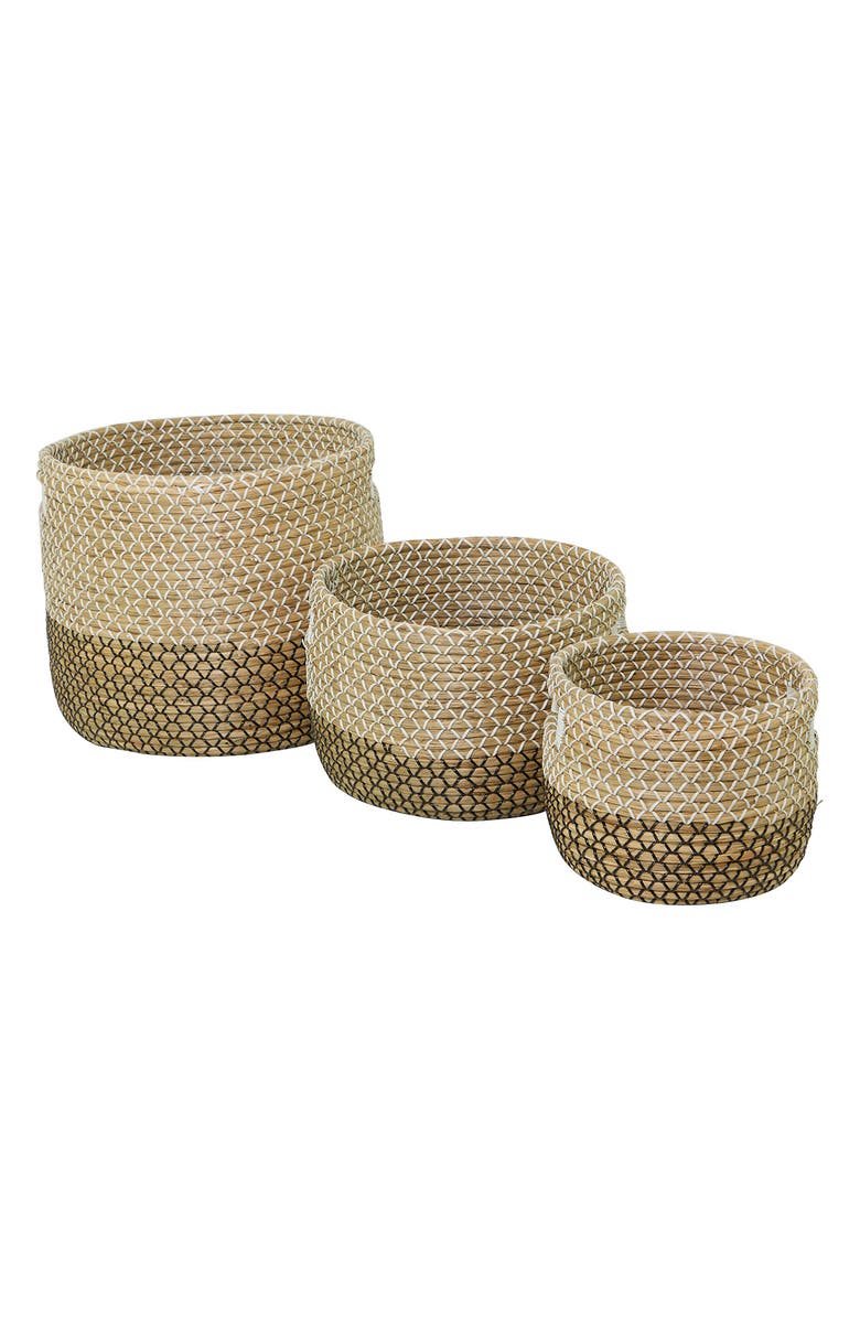 COSMO BY COSMOPOLITAN Brown Seagrass Handmade Two-Toned Storage Basket with Handles - Set of 3, Alternate, color, Brown