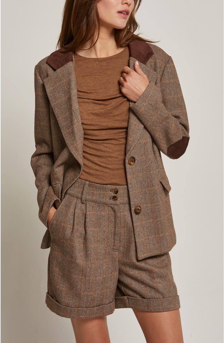 CRESCENT Herringbone Contrast Faux Suede Blazer, Main, color, Brown