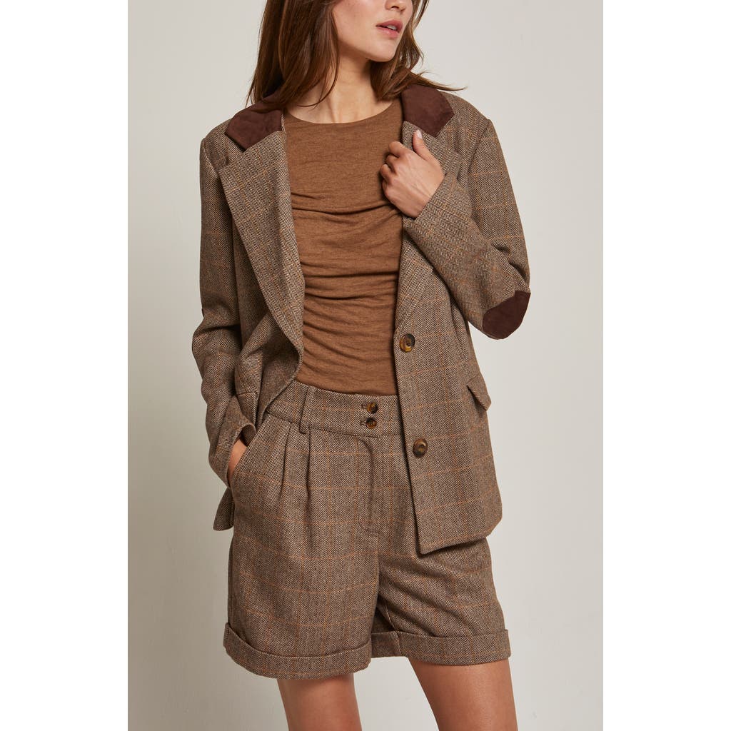Crescent Herringbone Contrast Faux Suede Blazer In Brown