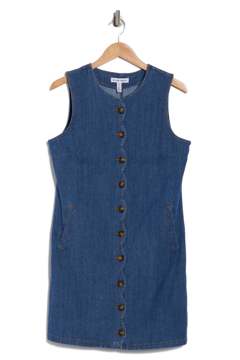 Sleeveless Scalloped Button Front Denim Minidress, Alternate, color, MEDIUM DENIM