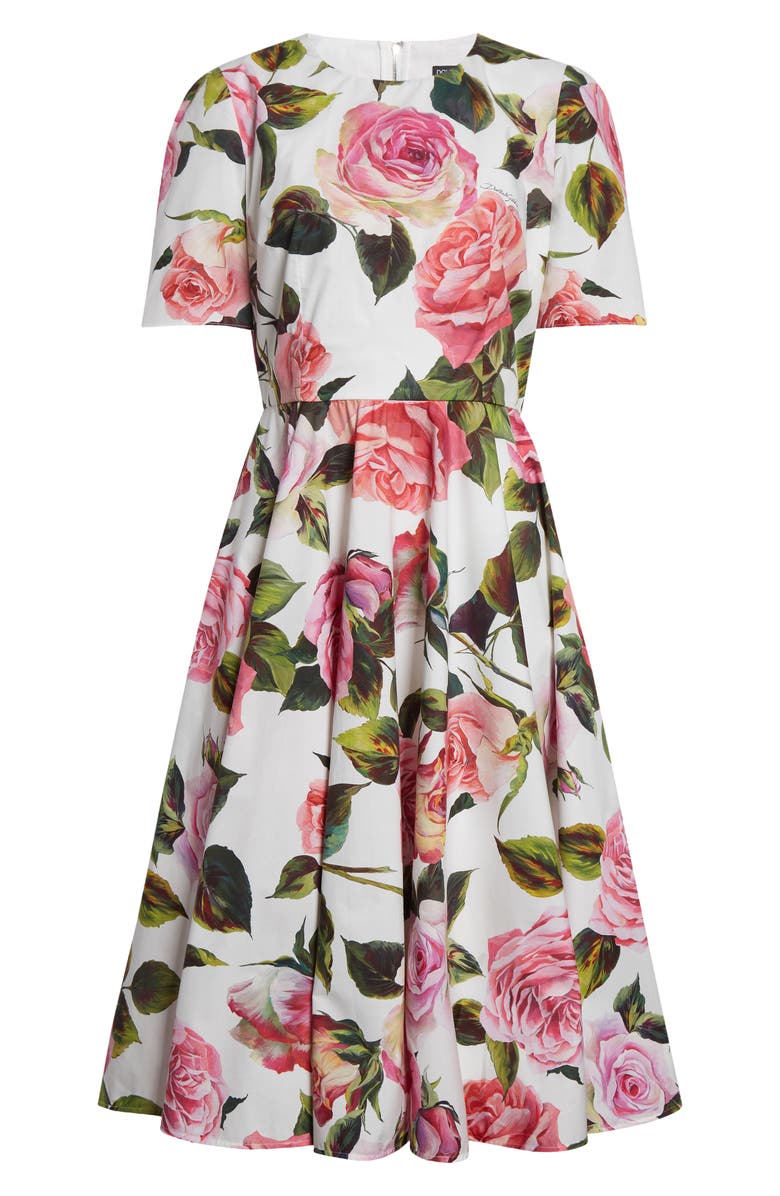 Dolce&Gabbana Rose Print Cotton Fit & Flare Dress, Alternate, color, Rose Rosa Floral.bianco
