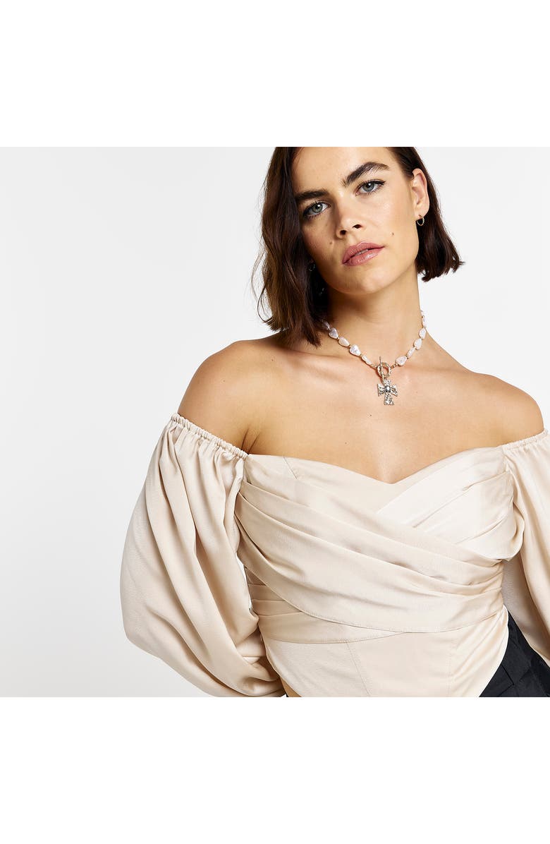 River Island Off the Shoulder Long Sleeve Satin Corset Crop Top, Alternate, color,