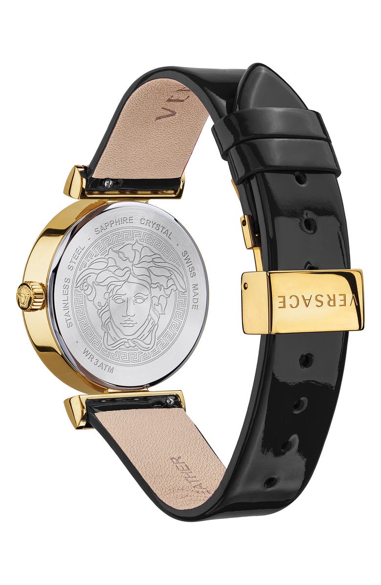 Versace Greca Detailed Leather Strap Watch, 34mm, Alternate, color, 