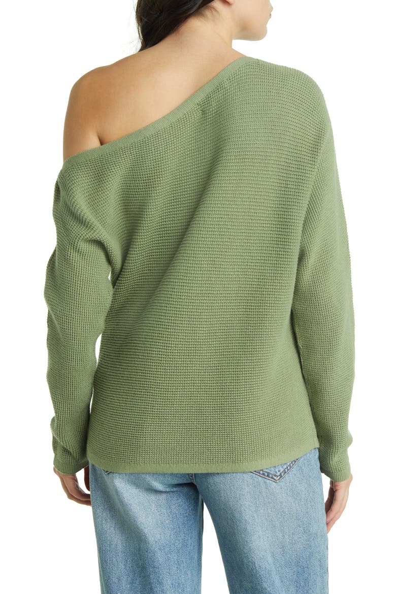 Thermal Knit One-Shoulder Sweater, Alternate, color, OLIVE ACORN