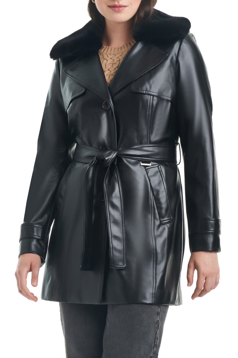 Belted Faux Leather Jacket with Removable Faux Fur Collar, Main, color, BLACK