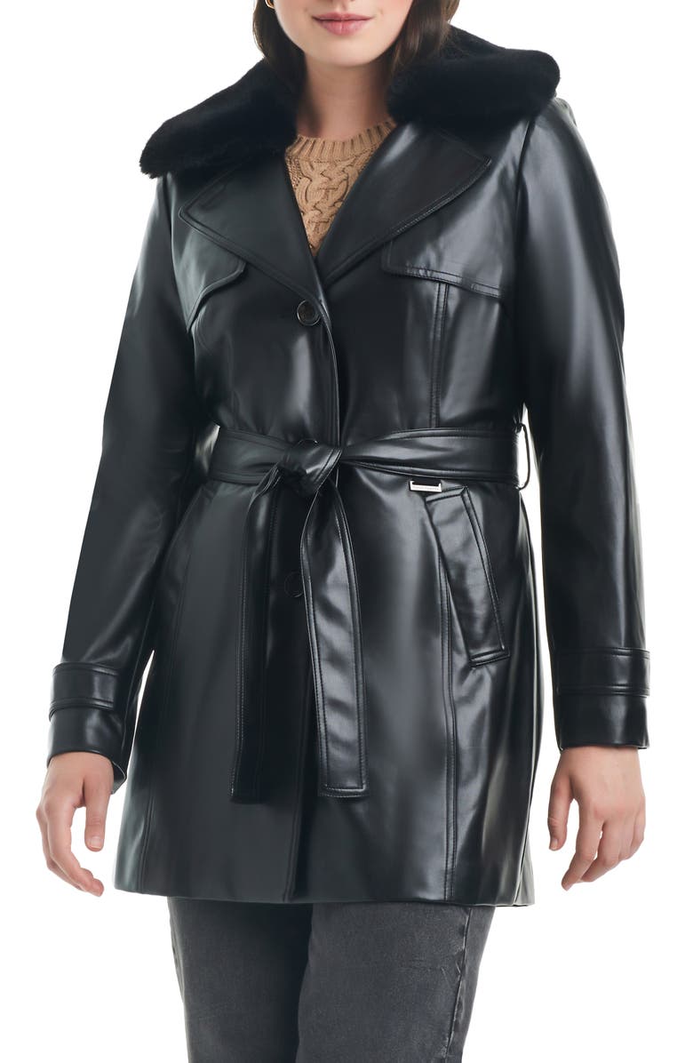 Vince Camuto Belted Faux Leather Jacket with Removable Faux Fur Collar, Main, color,