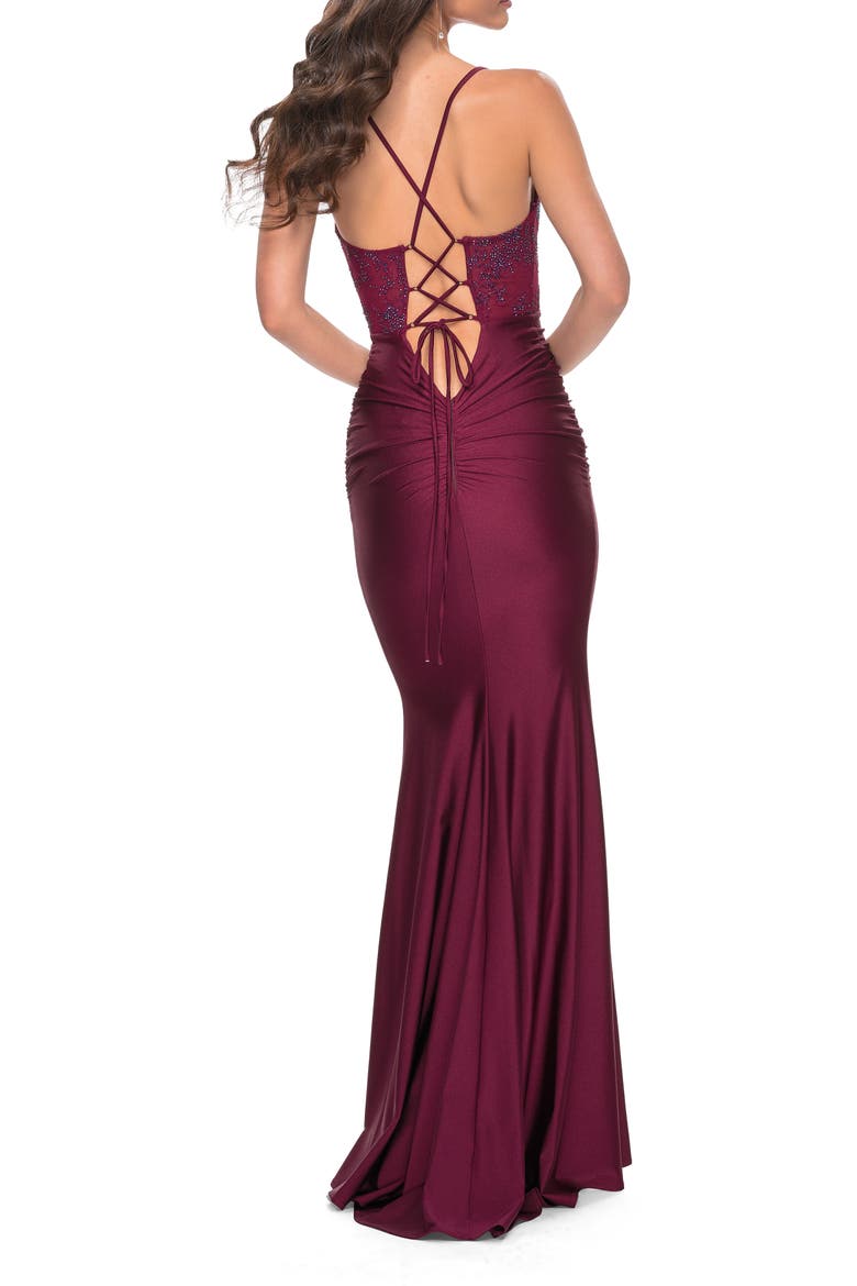 Ruched Jersey Dress with Illusion Corset Lace Top, Alternate, color, Dark Berry