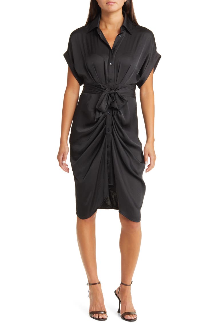 Alicia Ruched Tie Front Shirtdress, Main, color, BLACK