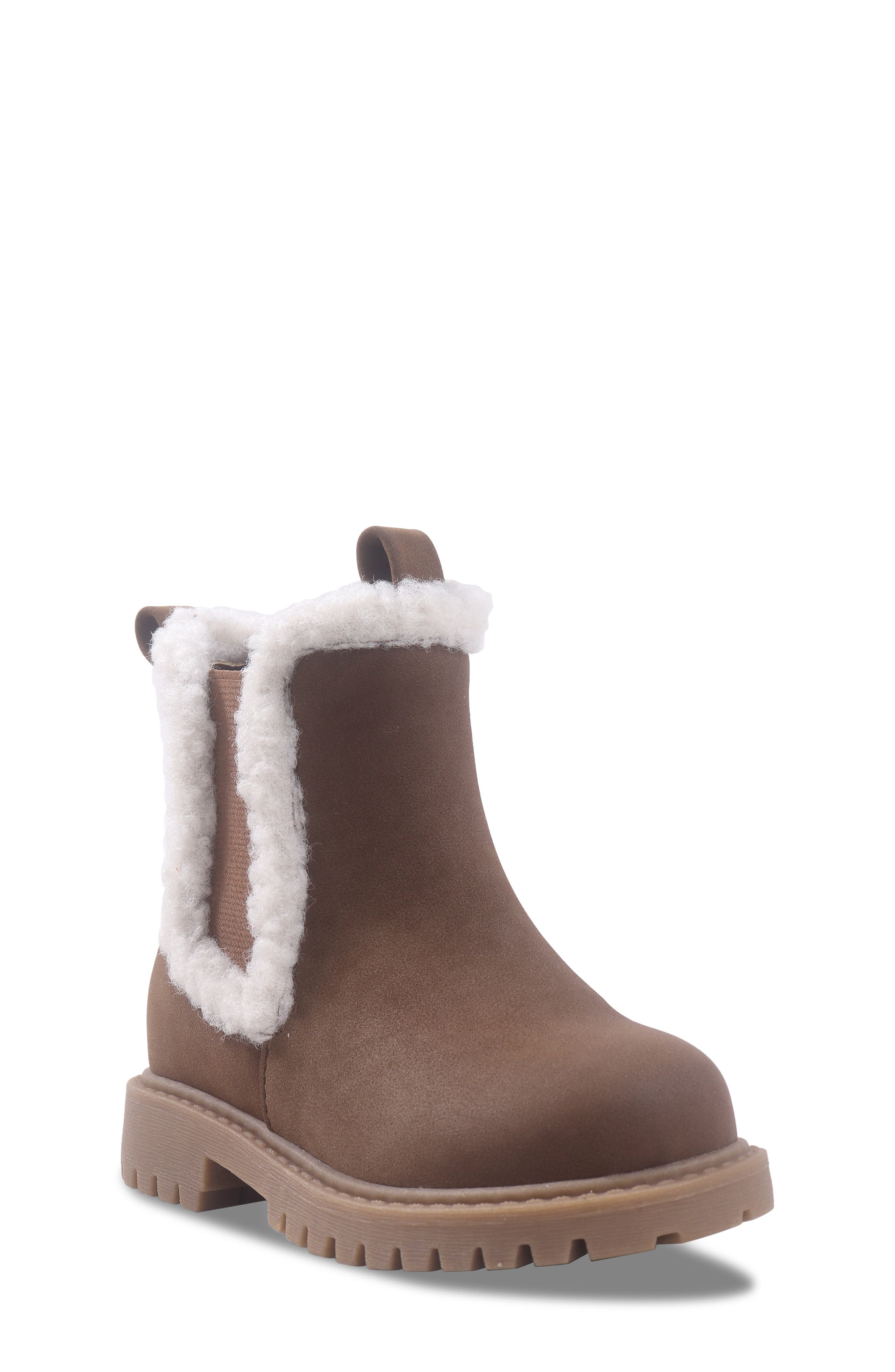 Kids' Lucianna Faux Fur Trim Faux Leather Boot, Main, color, BROWN