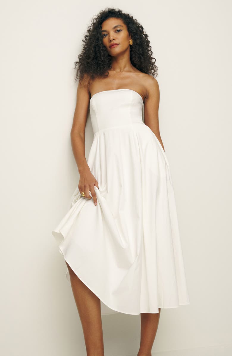 Reformation Astoria Strapless Stretch Midi Dress, Alternate, color, 