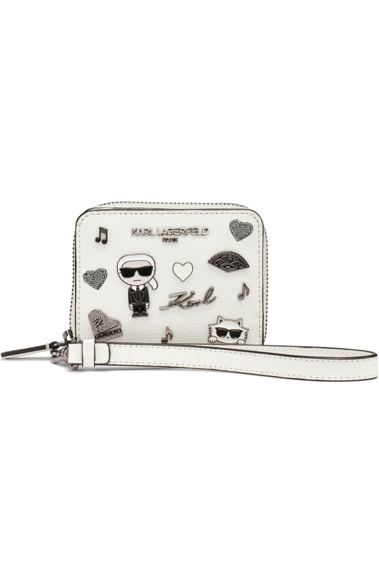 KARL LAGERFELD PARIS Jaqueline Small Wallet with Cate Pins, Main, color, Winter White