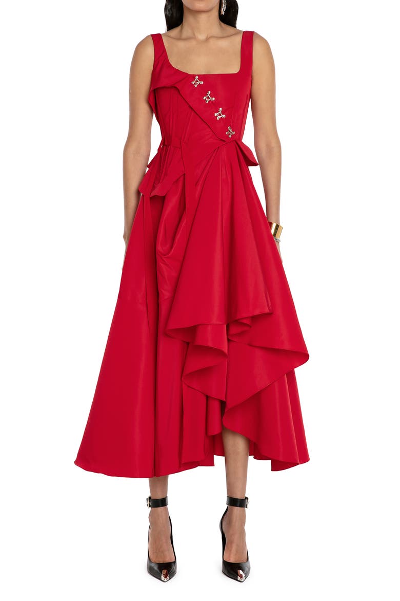 Hook Detail Asymmetric Drape Faille Dress, Main, color, WELSH RED