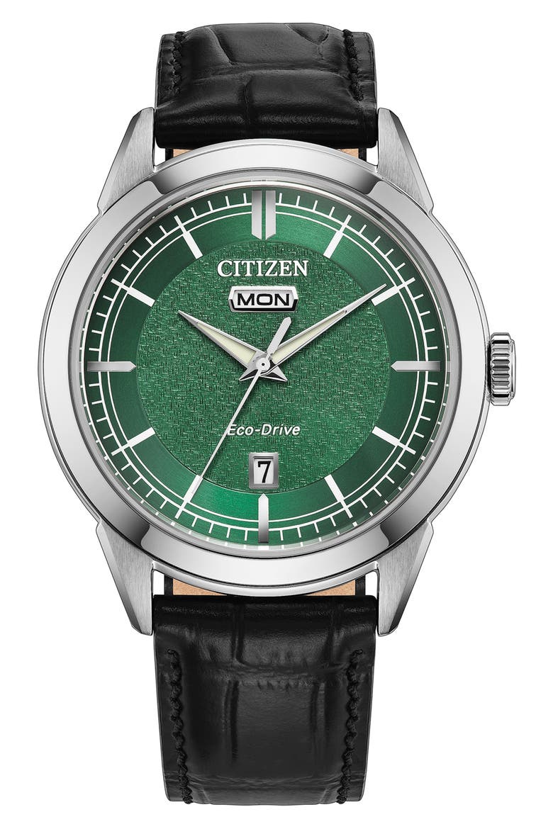 Eco-Drive Leather Strap Watch, Main, color, BLACK