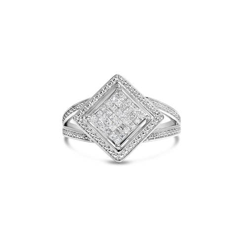 Silver 1/3 Cttw Diamond Rhombus and Beaded Halo Ring
