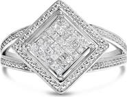 Haus of Brilliance Silver 1/3 Ctw Diamond Rhombus and Beaded Halo Ring
