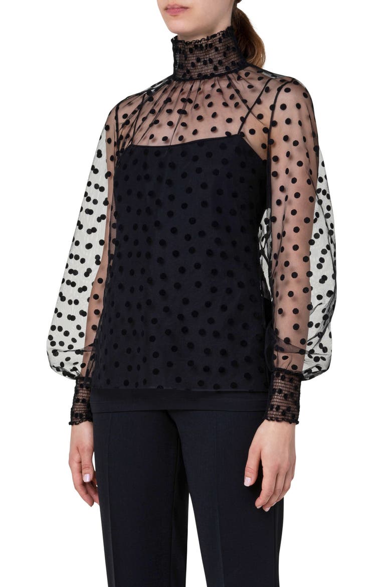 Velvet Polka Dot Tulle Blouse, Alternate, color, BLACK