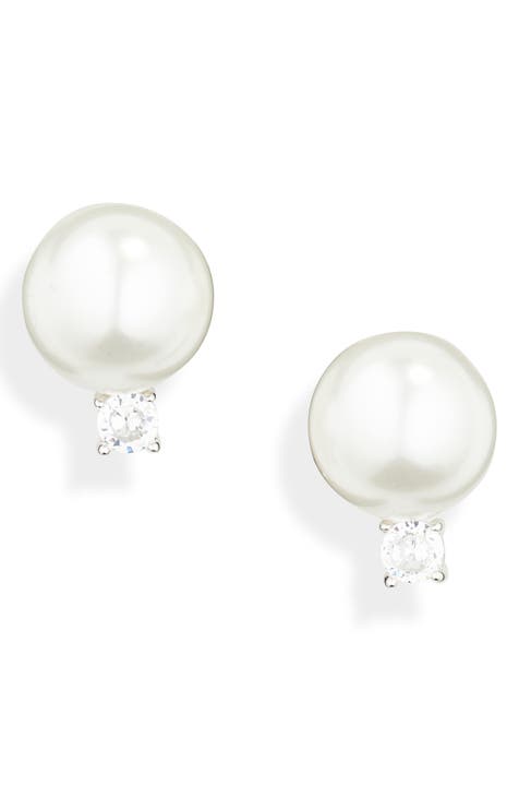 CZ Accent Faux Pearl Stud Earrings