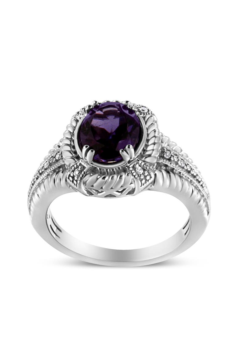 Silver 9X7 Oval MM Purple Amethyst Solitaire and Diamond Accent Ring, Alternate, color, White