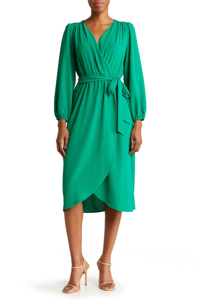 Long Sleeve Faux Wrap Midi Dress, Main, color, GREEN